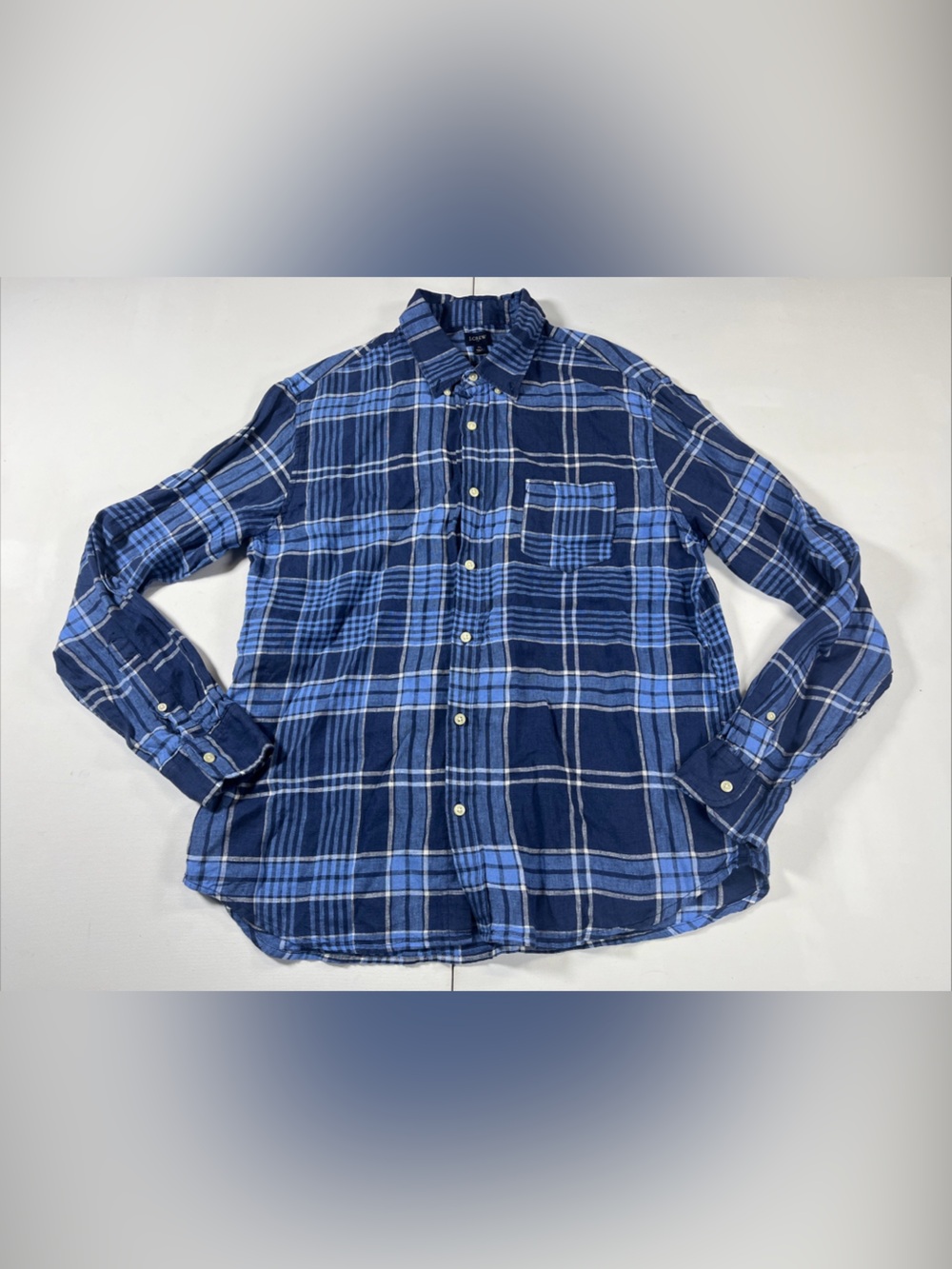 J Crew 100% Linen Shirt White Blue Plaid Preppy Lightweight Button Up Men’s XL